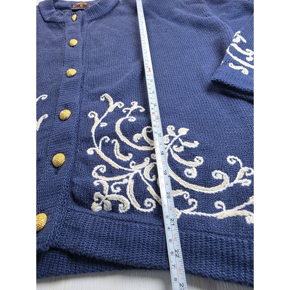 Charter Club Vintage Navy Blue Hand Embroidered Cardigan Sweater Gold Buttons S - Picture 5 of 6